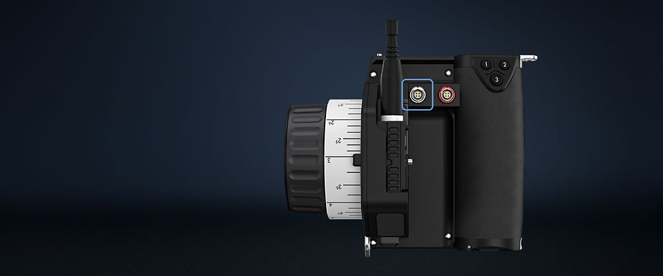 Handheld camera control unit ARRI Hi-5 serial port in focus.